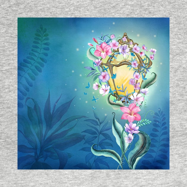 Enchanted streetlight with flowers ornament, butterflies decoration. Night Fairy garden watercolor illustration. Colorful romantic scenery by likapix